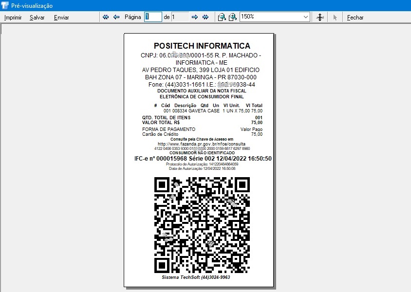 Imagem de uma NFC-e Emitida pelo Sistema Techsoft