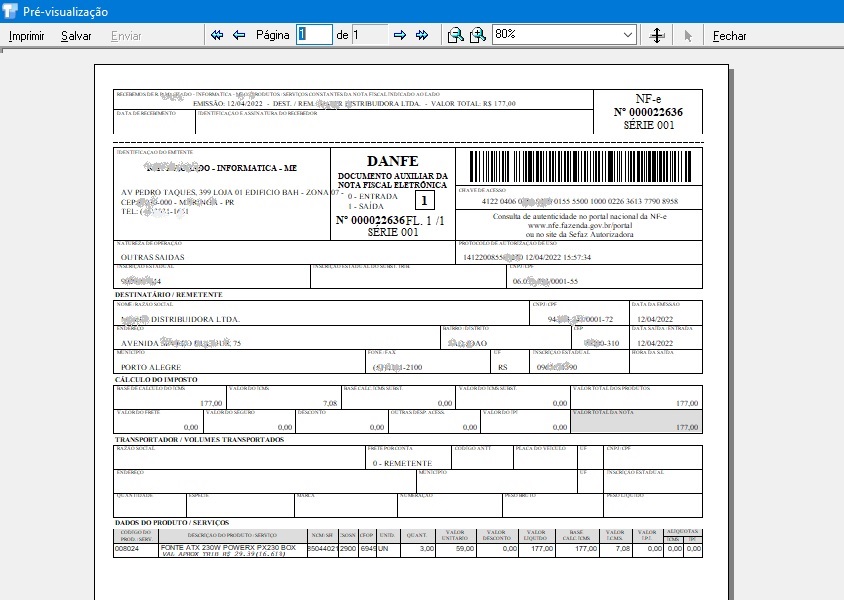 Imagem de uma NF-e gerada pelo Sistema Techsoft